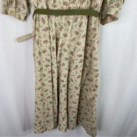 Reo Vintage Green Khaki Floral Half Button Down Dress Belt Pockets 14 - Picture 13 of 14